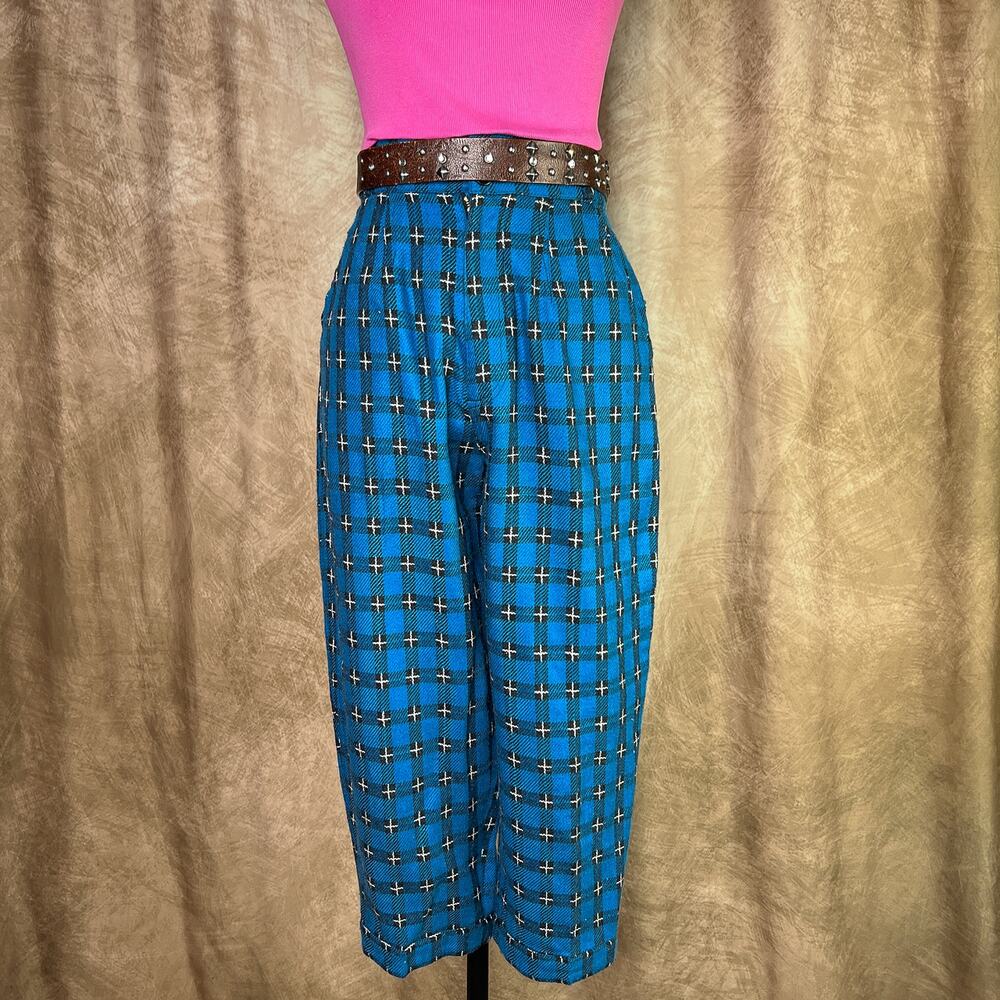 Blue Plaid Pants High Waisted Trousers Tapered Leg Cropped Alternative Scene Emo